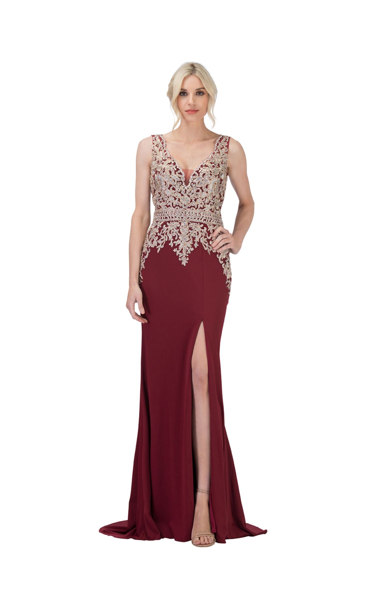 A woman models the Chicas C7530 Embroidered-Bodice Long Prom Dress in burgundy, showcasing silver embroidery on the bodice and a front thigh-high slit, set against a plain white background.